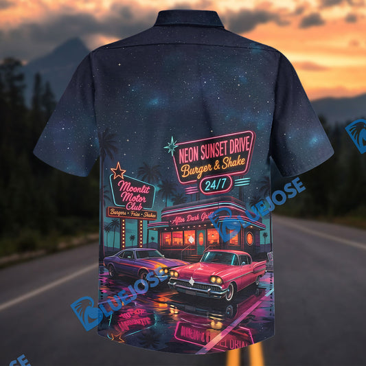 Bluejose Neon Sunset Drive Retro Diner Classic Car Hawaiian Shirt