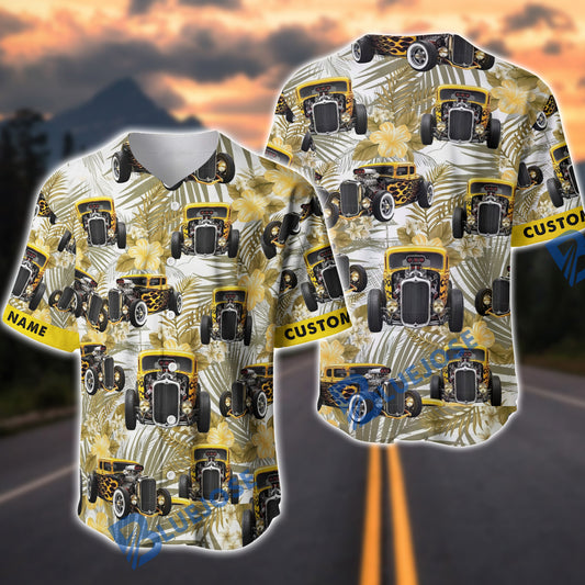 BlueJose Personalized Car Yellow Flame Hot Rod Tropical Floral Baseball Jersey