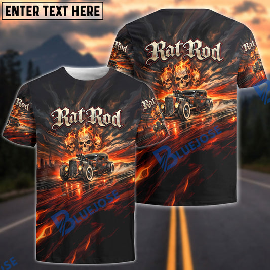 BlueJose Rat Rod Hot Rod Skull Flames All-Over Print 3D T-Shirt