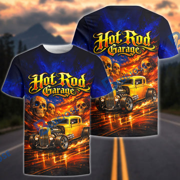 BlueJose Hot Rod Garage Skull Flames 3D T-Shirt