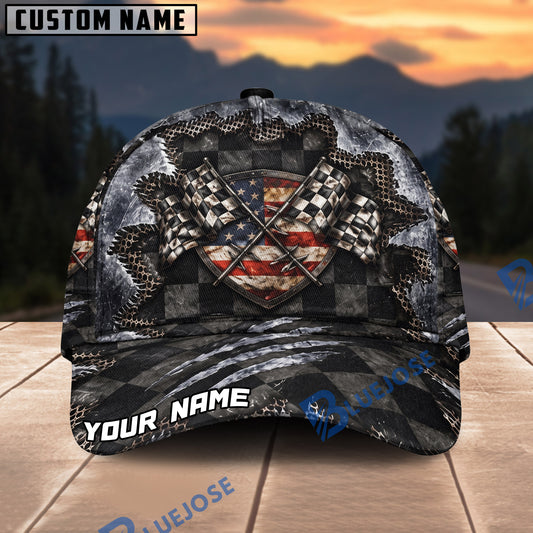 BlueJose Personalized Racing Cap with American Flag Shield & Torn Checkered Pattern