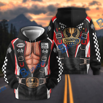 BlueJose Racing Champion Faux Leather Vest & Abs Illusion 3D T-Shirt – Zip-Up Racer Costume All-Over Print Hoodie