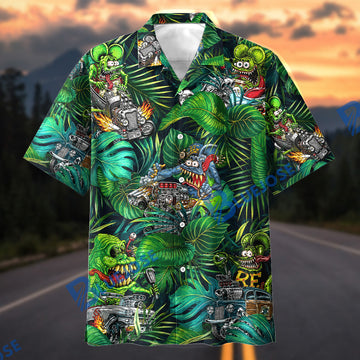 BlueJose Rat Fink Jungle Hot Rod Monsters Tropical Hawaiian Shirt