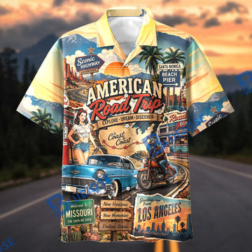 BlueJose American Road Trip “Explore, Dream, Discover” Vintage Classic Car Hawaiian Shirt
