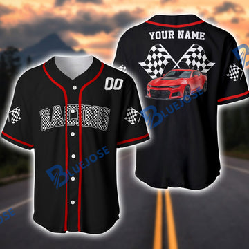 BlueJose Personalized Racing Legend Muscle Car Checkered Flag Baseball Jersey