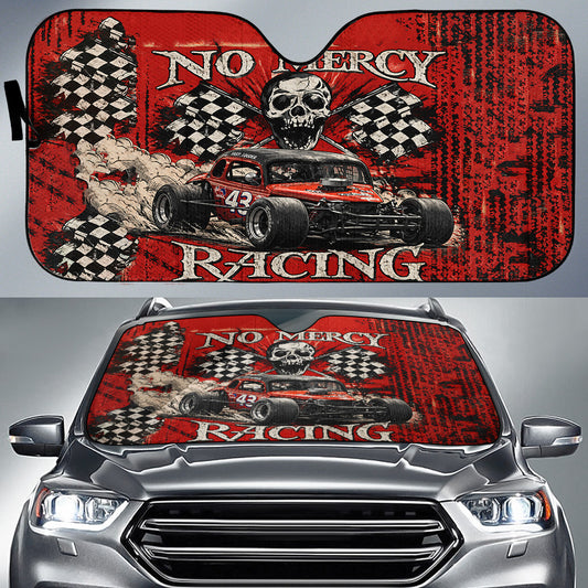 BlueJose No Mercy Racing Skull Sun Shade – Red Grunge Checkered Flag Windshield Sunshade