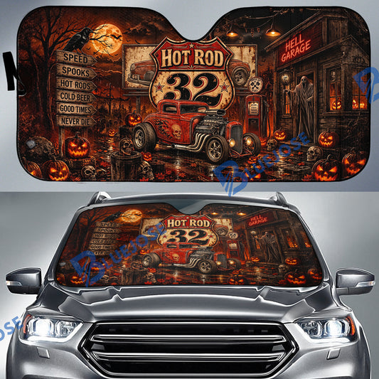 BlueJose Personalized Car Hot Rod 32 Halloween Car Sun Shade – Haunted Hell Garage Red Hot Rod Windshield Sunshade