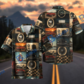 BlueJose Vintage Road Memories Classic Car Collage Hawaiian Shirt