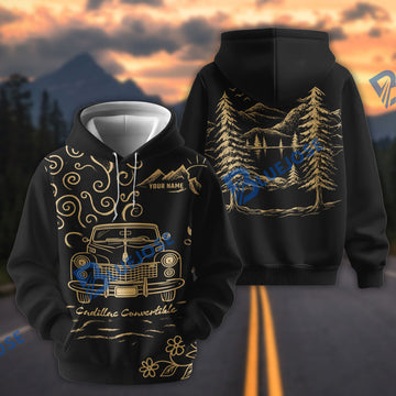 BlueJose Personalized Name 3D Hoodie – Gold Line Art Mountain Forest All-Over Print Hoodie