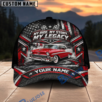 BlueJose “My Ride. My Story. My Legacy.” Personalized Name Classic Car Cap – Vintage Red American Flag Hot Rod Classic Cap