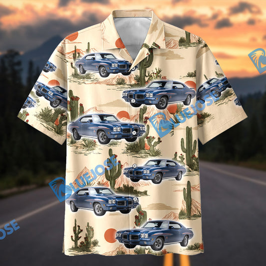 Bluejose Personalized Classic Blue Muscle Car Desert Cactus Landscape Hawaiian Shirt