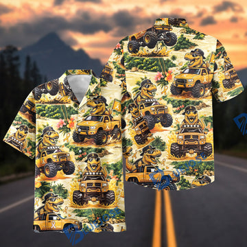 BlueJose Dino Off-Road Adventure Yellow Ribbon Monster Truck Hawaiian Shirt