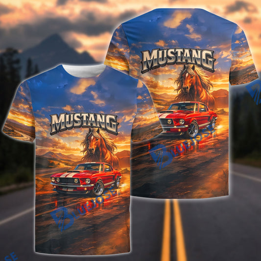 BlueJose Mustang Spirit Classic Muscle Car Sunset T-Shirt