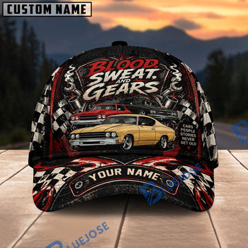 BlueJose Blood, Sweat, and Gears Classic Chevelle Personalized Name 3D Cap – Muscle Car Trio Custom Baseball Cap