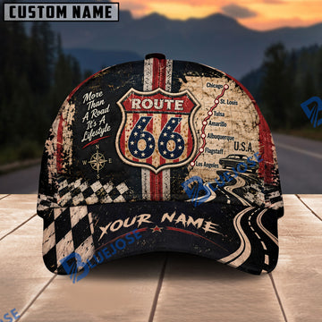 BlueJose Route 66 Road Trip Map Personalized Name Cap – "More Than a Road, It's a Lifestyle" Custom Baseball Cap