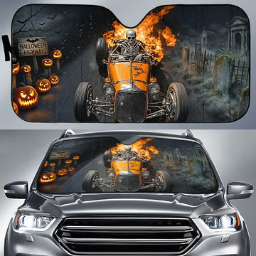 BlueJose Halloween Hot Rod Windshield Sun Shade – Skeleton Racing Car Front Window Cover
