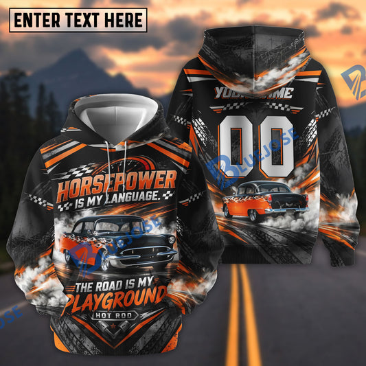 BlueJose Horsepower Is My Language The Road Is My Playground Vintage Personalized Car 3D Hoodie – Custom Name & Number (6 colors)