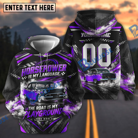 BlueJose Horsepower Is My Language The Road Is My Playground Vintage Personalized Car 3D Hoodie – Custom Name & Number (6 colors)