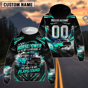 BlueJose Horsepower Is My Language The Road Is My Playground Vintage Personalized Hot Rod Car 3D Zip Windbreaker Jacket – Custom Name & Number