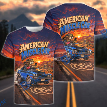 BlueJose American Muscle Car 3D T-Shirt – 1970 Challenger Route 66 Desert Sunset All-Over Print Tee