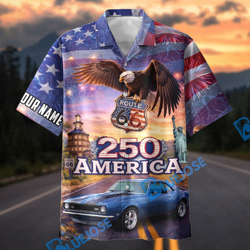 Bluejose Personalized America 250 Route 66 Bald Eagle Classic Car Hawaiian Shirt