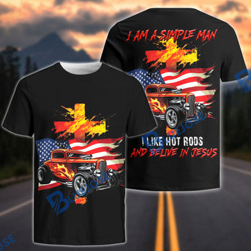 BlueJose American Hot Rod Classic T-Shirt – Vintage Street Rod Car & American Flag Graphic Tee