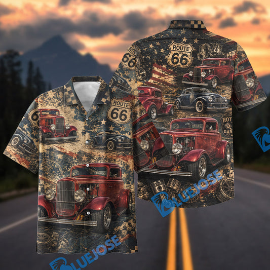 BlueJose Personalized Vintage 1932 Ford Coupe Deluxe Route 66 Hawaiian Shirt