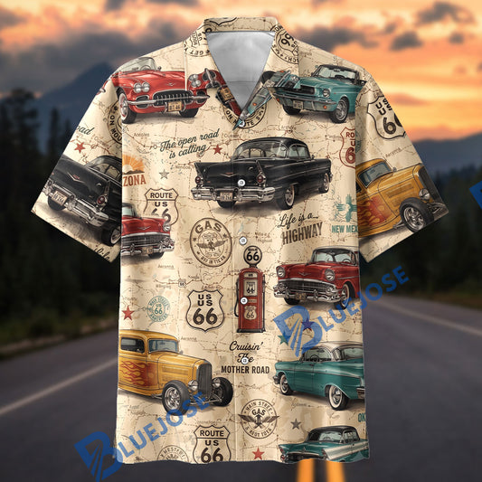 BlueJose Custom Photo Vintage Route 66 Classic Cars “Life Is a Highway” Hawaiian Shirt