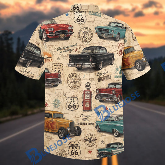 BlueJose Custom Photo Vintage Route 66 Classic Cars “Life Is a Highway” Hawaiian Shirt