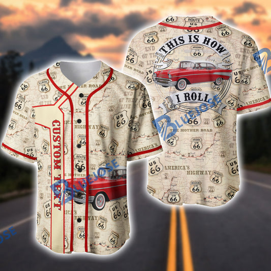BlueJose Personalized Car Classic Car Route 66 Map Baseball Jersey