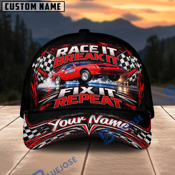 BlueJose ''Race It Break It Fix It" Repeat Red Muscle Car Racing Personalized Name Cap