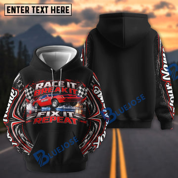 BlueJose ''Race It Break It Fix It" Repeat Red Muscle Car Racing Personalized Name Hoodie