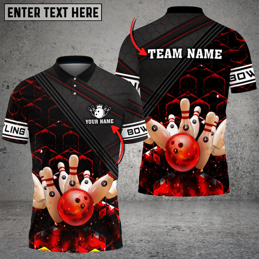 BlueJose Black And Red Bowling Hexagon Pattern Customized Name 3D Shirt, Personalized Shirts For Bowling Players