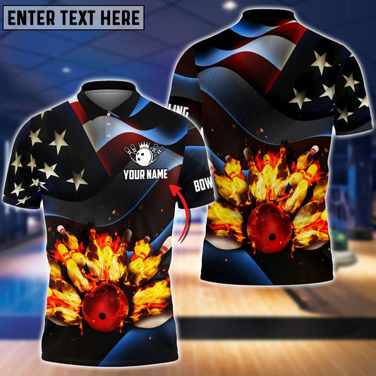 BlueJose Bowling Ball And Pins Flame USA Flag Pattern Customized Name 3D Shirt, Personalized Shirts For Bowling Players