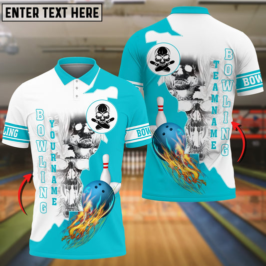 BlueJose Cyan Bowling Ball Flame Skull Pattern Premium Customized Name 3D Shirt