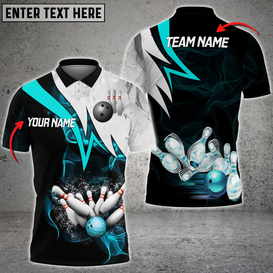 BlueJose Cyan Smoke Pattern Bowling And Pins Premium Customized Name 3D Shirt, Personalized Shirts For Bowling Players