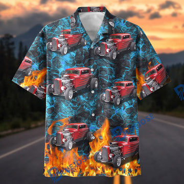 BlueJose Personalized Car Blue Flame Red Hot Rod Classic Car Hawaiian Shirt