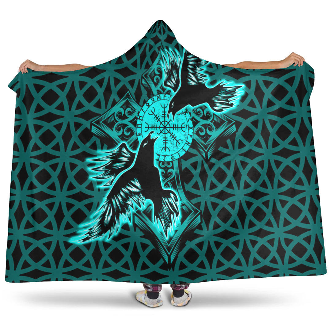 VikingStyle Hooded Blanket -Viking Raven Cross Turquoise Hooded Blanket A95