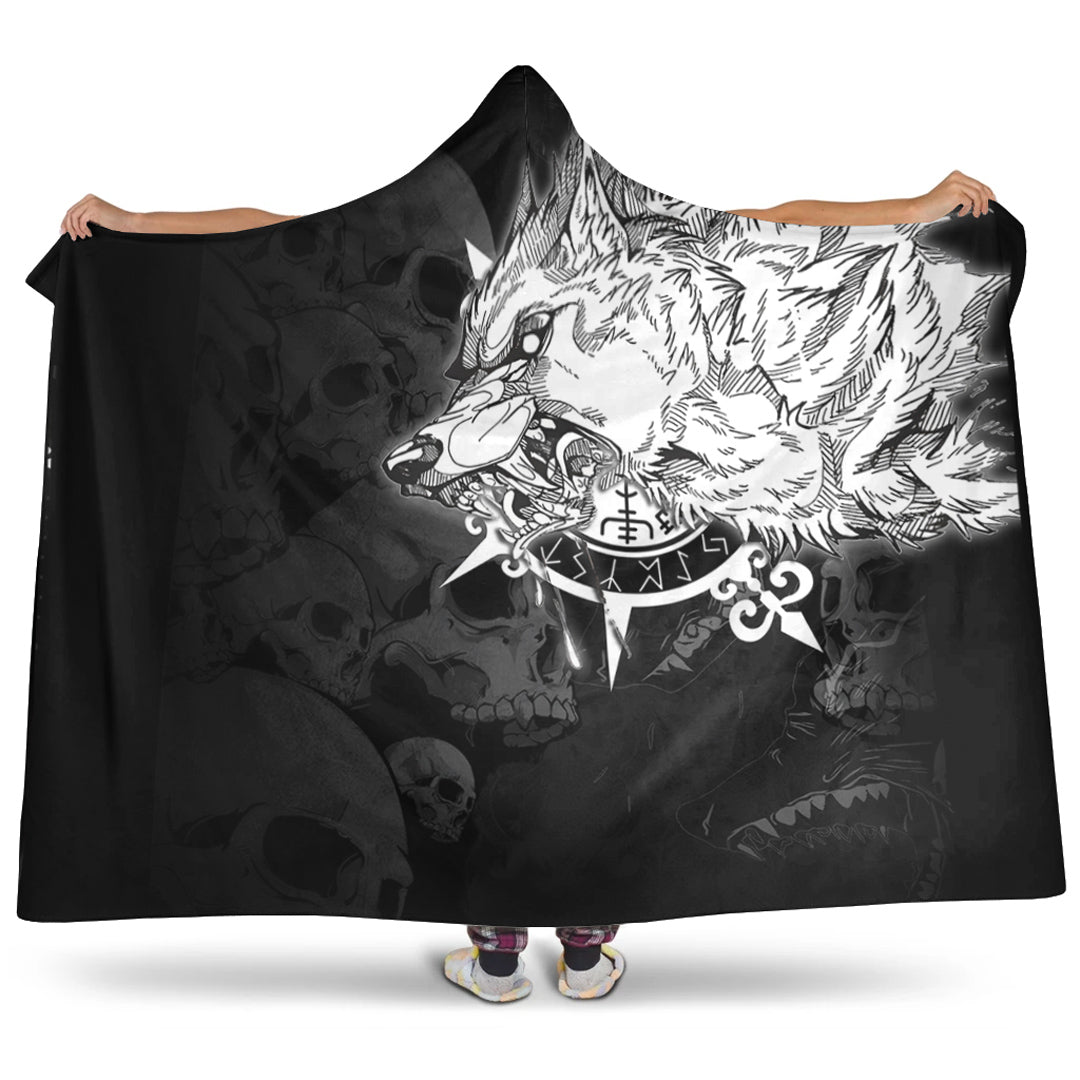 VikingStyle Hooded Blanket - Fenrir Wolf Skull and Sun Vegvisir Hooded Blanket A35