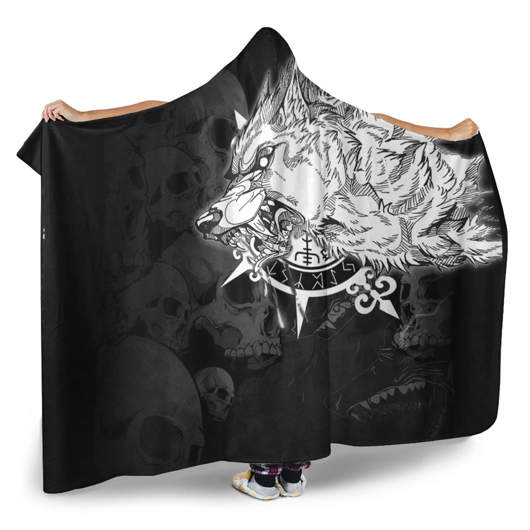 VikingStyle Hooded Blanket - Fenrir Wolf Skull and Sun Vegvisir Hooded Blanket A35