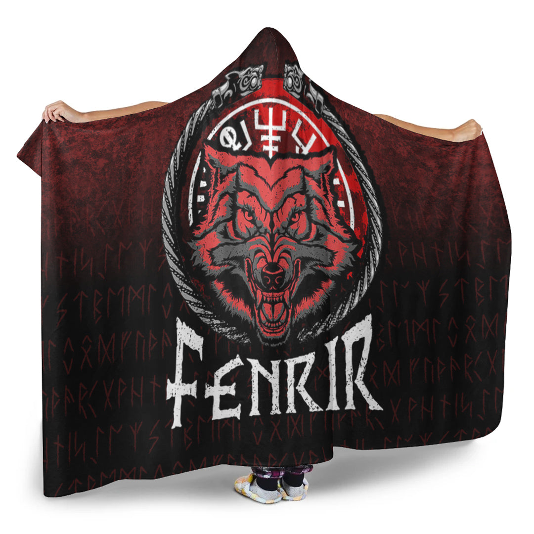 VikingStyle Hooded Blanket - Fenrir Wolf Runes Norse Vikings Hooded Blanket A7
