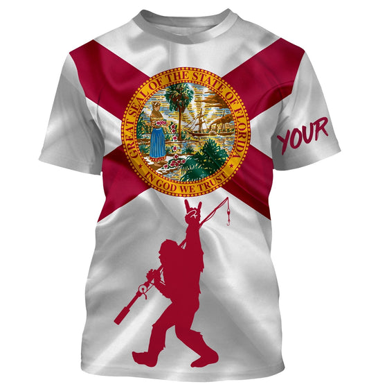 BlueJose Florida Fishing Fl Flag Patriotic Bigfoot Sassquatch Custom Name Shirt