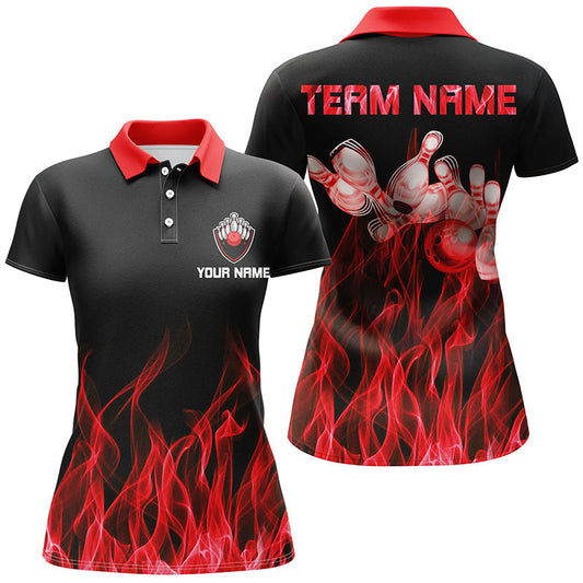 BlueJose Red Flame Pattern Black Bowling Premium Customized Name 3D Shirt, Personalized Shirts For Bowling Players