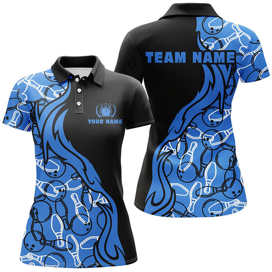 BlueJose Black And Blue Pattern Bowling Ball And Pins Premium Customized Name 3D Shirt For Women, Personalized Shirts For Bowling Players
