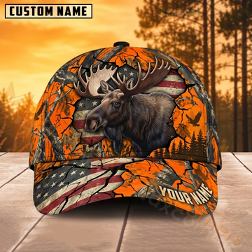 BlueJose Moose Hunting American Flag Blaze Orange Camo Personalized Name 3D Cap