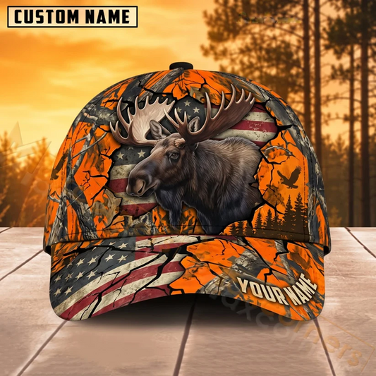 BlueJose Moose Hunting American Flag Blaze Orange Camo Personalized Name 3D Cap