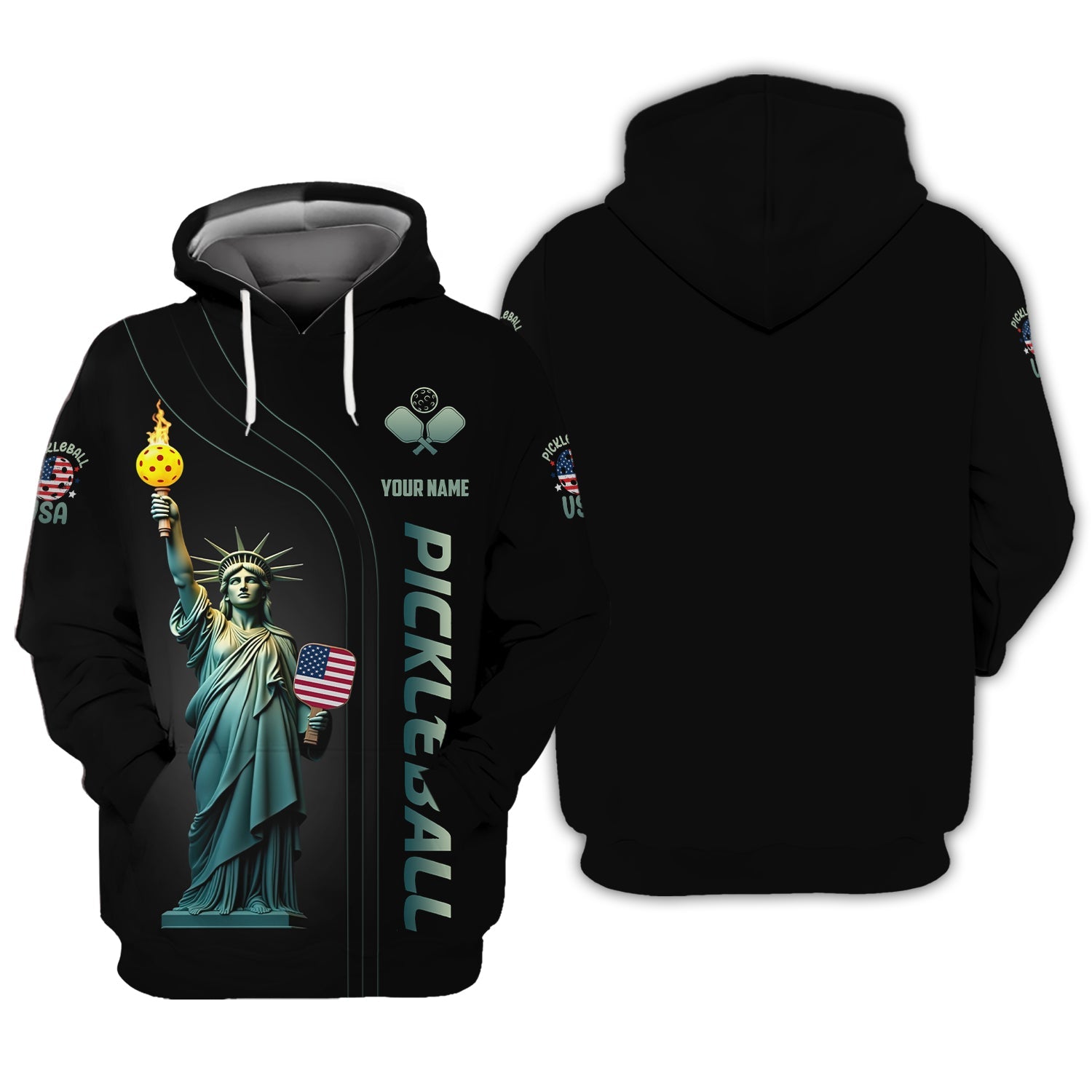 Custom USA Pickleball Shirt – Statue of Liberty Design with Paddle & Ball – Patriotic Pickleball Apparel for Men & Women