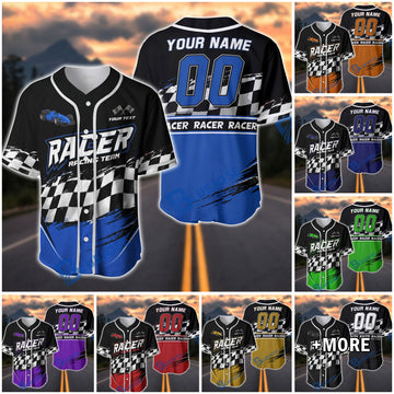 BlueJose Custom Racing Team Baseball Jersey – Personalized Racer Checkered Flag Motorsport Jersey