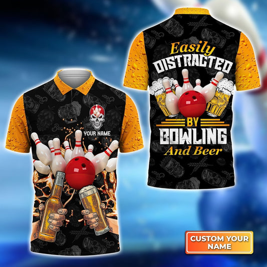 BlueJose Easily Distracted By Bowling And Beer Customized Name 3D Shirt, Personalized Shirts For Bowling Players