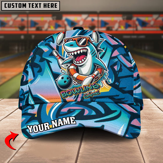 BlueJoses Bowling And Pins Funny Shark Graffiti Pattern Personalized Name Cap